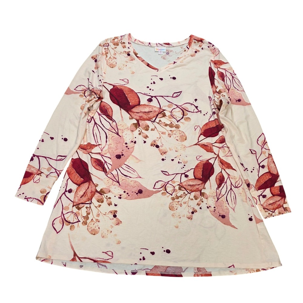 LuLaRoe Christy V-Neck Top Women's Size MCream Burgundy Floral Leaf Long Sleeve